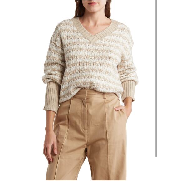 Kensie Long Sleeve Knit Sweter Cream and Tan Striped Size Small NWT‎ - Picture 1 of 4